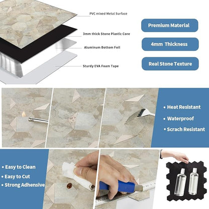 20 Sheets Hexagon Peel and Stick Backsplash for Kitchen Wall, Heat Resistant Stick on Backsplash PVC Smart Tiles, 12'' Ecru Beige Stone Waterproof Peel and Stick Tile for Bathroom