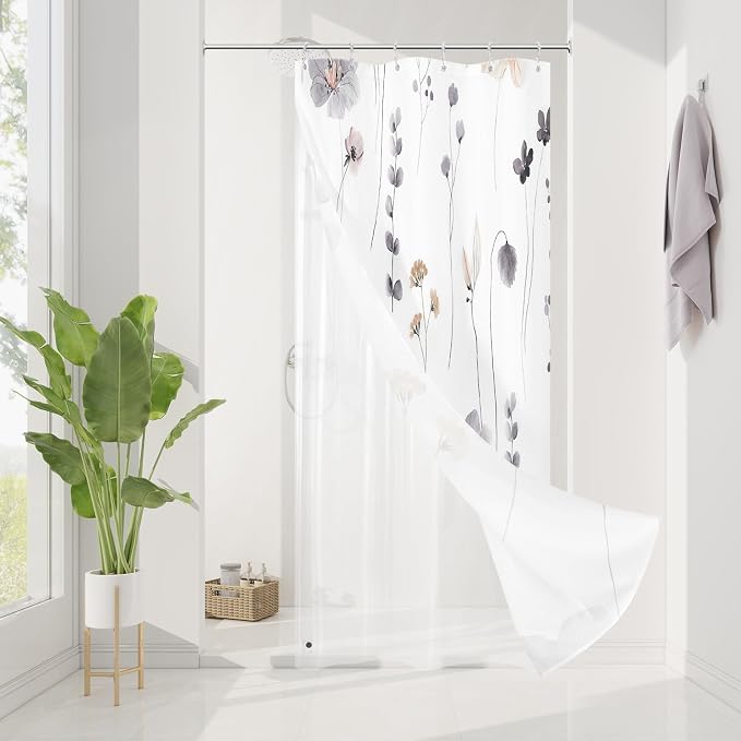 Small Stall 3 in 1 Shower Curtain Set, 36x72 | Narrow Half 3 in 1 Shower Curtain Set, PEVA Liner Set & 12 Double Sided Steel Hooks, Waterproof Fabric Bathroom Curtain