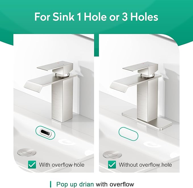 CREA Waterfall Bathroom Faucet 1 Hole,Brushed Nickel Bathroom Faucet Single Handle Bathroom Sink Faucet with Pop Up Drain Stopper/ 3 Hole Plate,Stainless Steel RV Vanity Faucet Basin Mixer Tap