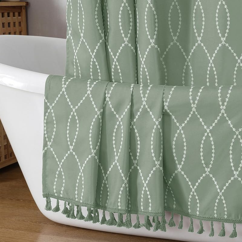 OVZME Sage Green Stall Shower Curtain for Bathroom, Puff Printed Textured Shower Curtain with Tassels, Geometry Heavy Duty Vintage Country Narrow Bathroom Curtain, Water Resistant Fabric, 36Wx72L