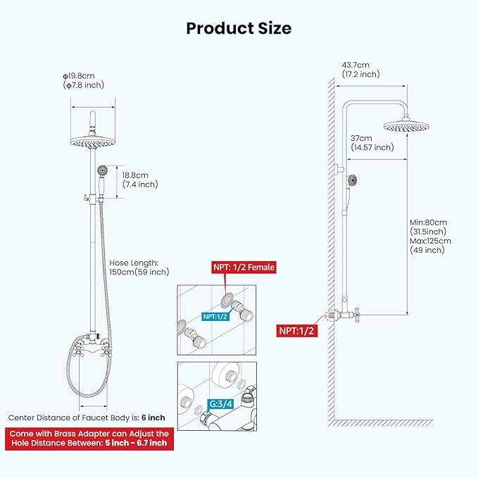 gotonovo Exposed Bathroom Shower Faucet Set Shower Fixture 8 Inch Rainfall Shower Head Handheld Shower Cross Handle Wall Mount 2 Functions Oil Rubbed Bronze
