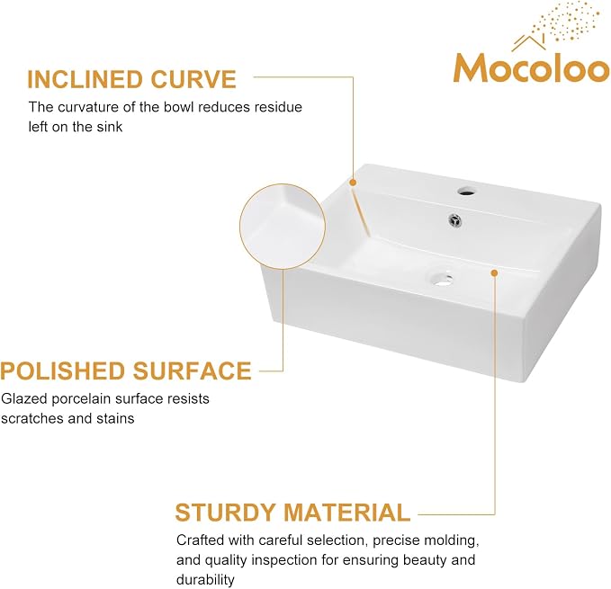 Mocoloo 21"x16" Wall Mounted Bathroom Sink White Rectangle Porcelain ADA Compliant Ceramic Bathroom Sinks Floating Vanity Sink for Lavatory Room Basin