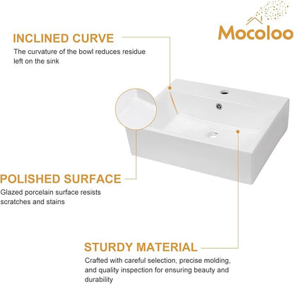 Mocoloo 21"x16" Wall Mounted Bathroom Sink White Rectangle Porcelain ADA Compliant Ceramic Bathroom Sinks Floating Vanity Sink for Lavatory Room Basin