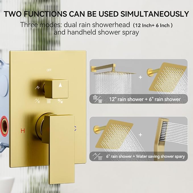Shower System Shower Faucet Set, STARBATH 12"+6" Wall Mount Rain Shower Head and Handheld Spray for Two Person, Rainfall Shower System with Diverter Valve and Trim Kit Complete,Brushed Gold