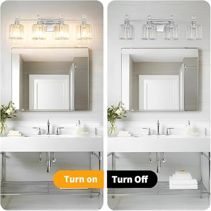 Modern Crystal Bathroom Vanity Light 4-Lights, Chrome Vanity Lights for Bath, Crystal Bathroom Wall Fixture Over Mirror, Wall Sconces Lighting with Clear Glass Shade for Bedroom, Living Room