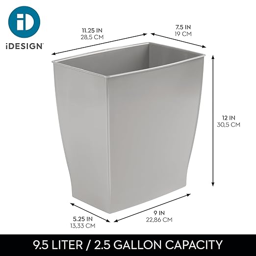 iDesign Small Plastic Bathroom Trash Can, Slim Rectangle, 2-Pack, Gray | Bedroom, Office, Dorm