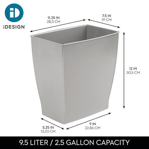 iDesign Small Plastic Bathroom Trash Can, Gray | Slim Rectangle, For Bedroom, Office, Dorm