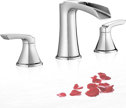 Widespread Waterfall Bathtub Faucet Set, Brass Chrome Roman Tub Faucet 3 Hole 8 Inch, 2 Handle Deck Mount with Supply Water Hoses for Garden Tub, Lifetime Use & 20 Mins Easy to Install