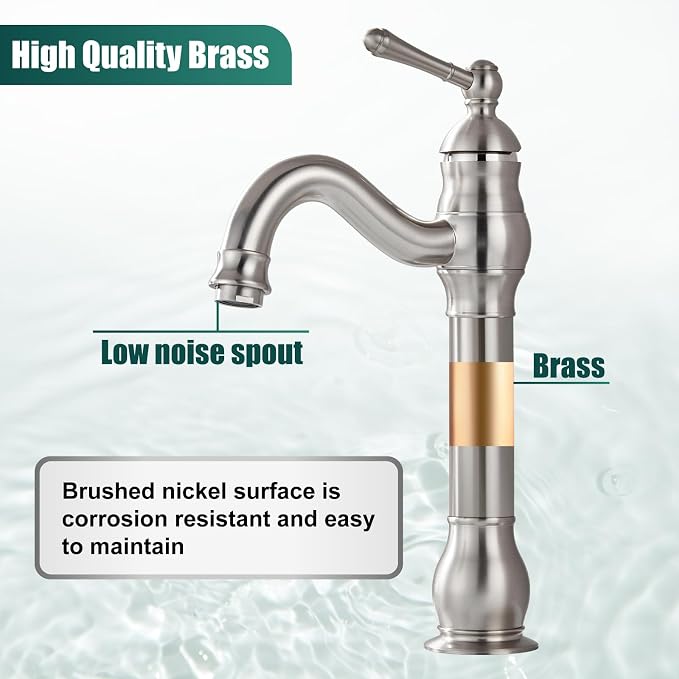 Heyalan Tall Vessel Sink Faucet, Single Handle 1-Hole,Brushed Nickel | SUS304 stainless steel, 360° swivel spout, includes pop-up drain & hoses, deck mount 1-hole, tall design for vessel sink