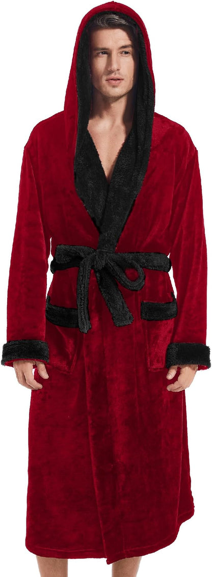 Inner Wish Mens Hooded Robe, Plush Long Bath robes Cozy Warm Bathrobe Fuzzy male Spa Robe With Pockets