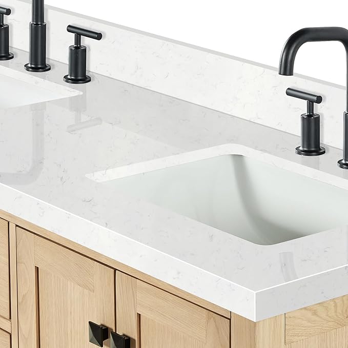 ARIEL 60 inch Double Bathroom Vanity top with Sink, 1.5 Inch Thick Miter Edge Carrara White Quartz top, Rectangle Double Sink Vanity top, Includes Backsplash