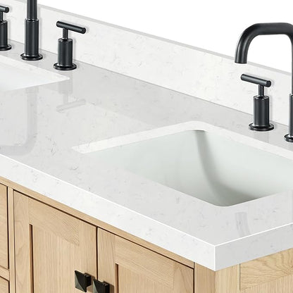 ARIEL 60 inch Double Bathroom Vanity top with Sink, 1.5 Inch Thick Miter Edge Carrara White Quartz top, Rectangle Double Sink Vanity top, Includes Backsplash