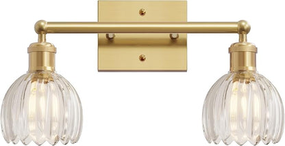 Vintage Bathroom Light Fixtures,2-Light Rustic Vanity Lights for Bathroom,Hallway,16.5 in Brass Vanity Lights,Tulip Light Fixtures for Mirror with Clear Tulip Glass Shade for Bedroom,E26 Base