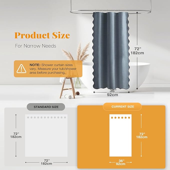 BTTN Boho Stall Shower Curtain, 36x72 Scalloped Linen Textured Thick Fabric Shower Curtain Set with 6 Plastic Hook, Half Modern Rustic Farmhouse Waterproof Cloth Shower Curtain for Bathroom, Blue Grey