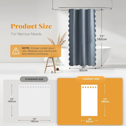 BTTN Boho Stall Shower Curtain, 36x72 Scalloped Linen Textured Thick Fabric Shower Curtain Set with 6 Plastic Hook, Half Modern Rustic Farmhouse Waterproof Cloth Shower Curtain for Bathroom, Blue Grey