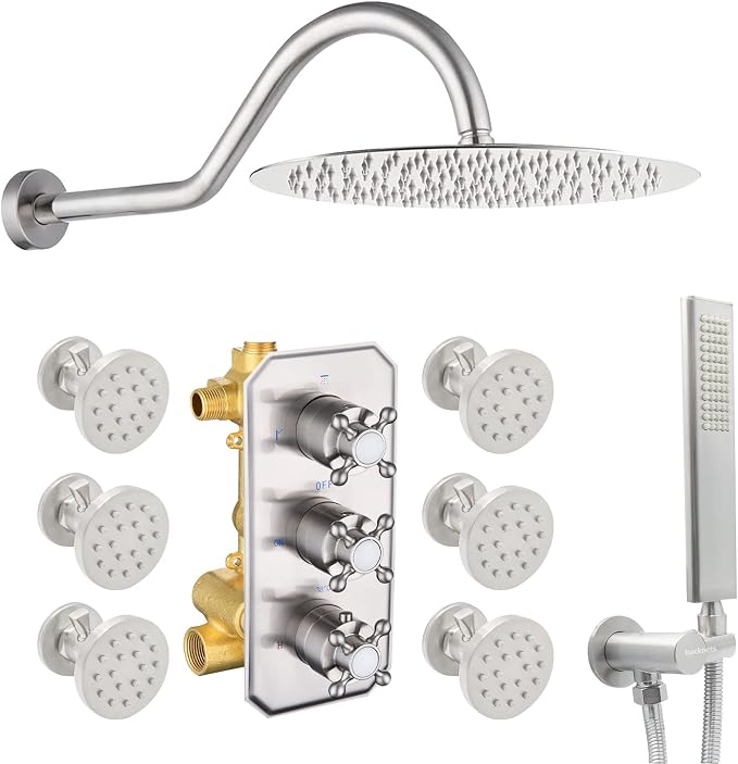 12 Inch Thermostatic Shower System with 3 Handles Diverter, Luxury Round Rain Shower Head with Handheld Spray, High Pressure Shower Faucet Combo Set with Rough-in Valve, Brushed Nickel