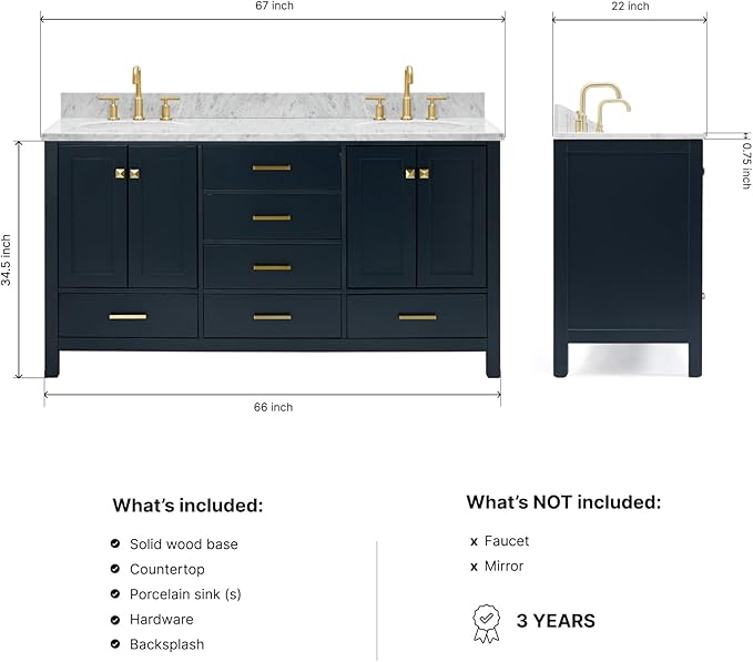 ARIEL Cambridge 66-inch Bathroom Vanity with Sink,Solid Wood, 0.75-inch Italian Carrara Marble Countertop, Double Oval Porcelain Sink, 4 Soft Closing Doors, 6 Dovetail Drawers, Midnight Blue