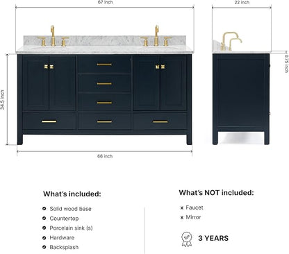 ARIEL Cambridge 66-inch Bathroom Vanity with Sink,Solid Wood, 0.75-inch Italian Carrara Marble Countertop, Double Oval Porcelain Sink, 4 Soft Closing Doors, 6 Dovetail Drawers, Midnight Blue