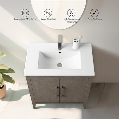 Vanity Art 30 inch Bathroom Vanity with Single Sink & Ceramic Top, Vanity Cabinet with Soft-Closing Doors, Solid Wood Frame, Driftwood Gray, VA9030-DG-BN1