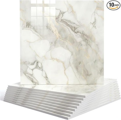 10pcs Marble Peel and Stick Backsplash Wall Tiles, Waterproof Shower Wall Panels, 11.8"x11.8" Peel and Stick Tile for Home Bathroom, Kitchen, Washroom, Living Room, White and Gold (Not Real Tile)