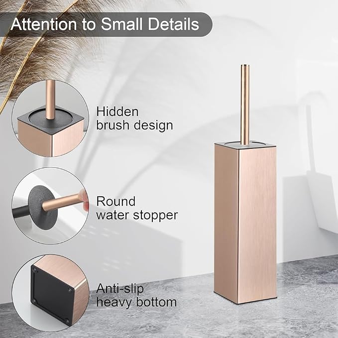 BGL Standing Toilet Brush and Holder Rose Gold Aluminium Toilet Bowl Cleaner Brush and Holder for Bathroom Storage and Organization, Square Design Sturdy and Space Saving