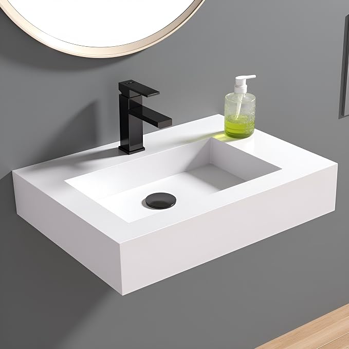 30 inch Wall Mount Floating Vanity with Sink | Bathroom Vessel Sink Rectangle Modern Stone Resin White Washing Sink Art Basin for Bathroom AFS140-750