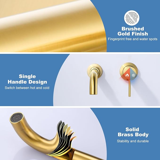 ARCORA Wall Mount Bathroom Faucet, Brushed Gold Single Handle Bathroom Sink Faucet Wall Mounted, Rough-in Valve Included