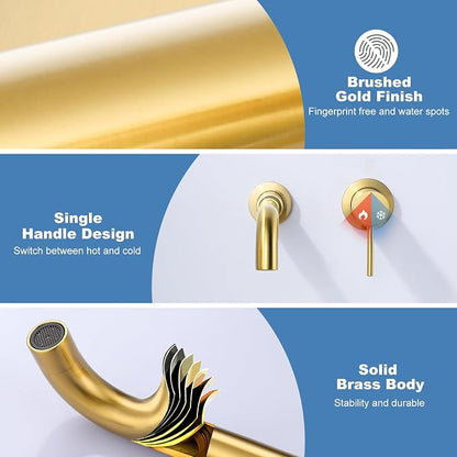 ARCORA Wall Mount Bathroom Faucet, Brushed Gold Single Handle Bathroom Sink Faucet Wall Mounted, Rough-in Valve Included