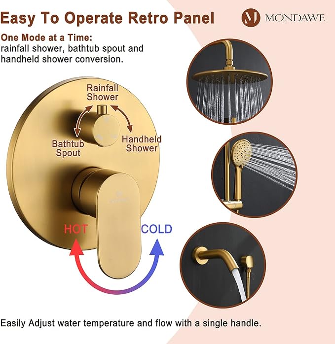 MONDAWE 9 Inch Wall Mounted Shower Faucet Set with Tub Spout in Brushed Gold, Rainfall Shower Head with 3-Setting Handheld Spray Shower Combo, High Pressure Shower System with Solid Brass Valve