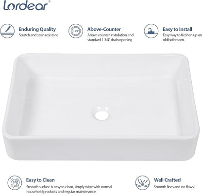 Lordear White Bathroom Sink 24"x16" Rectangle Bathroom Vessel Sink Modern Above Counter White Farmhouse 24 Inch Bathroom Sink Porcelain Ceramic Vanity Sink Art Basin