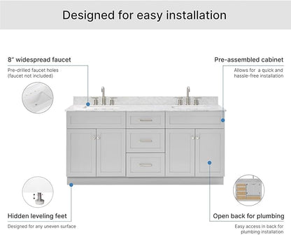 ARIEL Hamlet 72-inch Bathroom Vanity with Sink,Solid Wood, 0.75-inch Italian Carrara Marble Countertop & Backsplash, Double Oval Sink, 4 Soft Closing Doors, 3 Dovetail Drawers, Grey