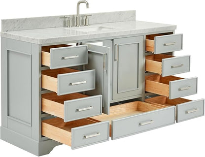Langford 60-inch Grey Bathroom Vanity with Center Rectangle Single Sink, Italian Carrara Marble Countertop & Backsplash, Solid Wood Frame, Soft-Closing & Dovetail Drawers