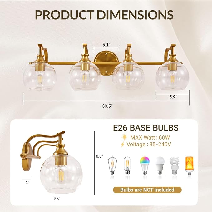Brass Vanity Light, Gold Bathroom Light Fixtures 4 Lights, 27.8 Inch Vintage Bathroom Sconces, Brushed Brass Vanity Lighting with Globe Clear Glass Shade, E26 Base (Bulbs Not Included)