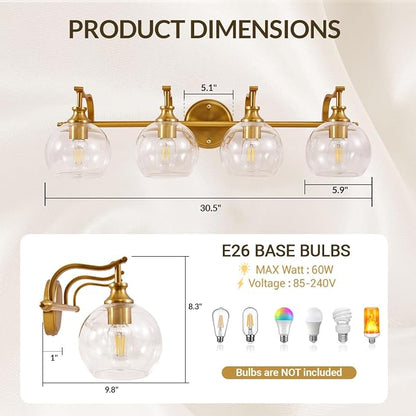 Brass Vanity Light, Gold Bathroom Light Fixtures 4 Lights, 27.8 Inch Vintage Bathroom Sconces, Brushed Brass Vanity Lighting with Globe Clear Glass Shade, E26 Base (Bulbs Not Included)