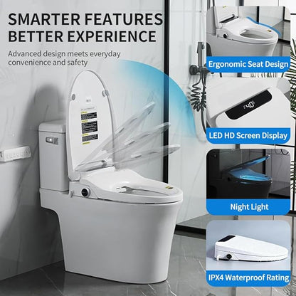 Heated Bidet Toilet Seat Elongated with LED Display & Remote Control - Smart Soft Close Toilet Seat Electric Bidet with Dryer, Warm Water, Feminine Wash, Self-Cleaning Nozzle, IPX4, White