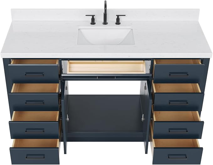 ARIEL Hepburn 60-inch Bathroom Vanity with Sink,Solid Wood, 1.5-inch Carrara White Quartz Countertop, Single Rectangular Porcelain Sink, 2 Soft Closing Doors, 9 Dovetail Drawers, Midnight Blue