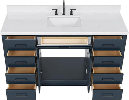 ARIEL Hepburn 60-inch Bathroom Vanity with Sink,Solid Wood, 1.5-inch Carrara White Quartz Countertop, Single Rectangular Porcelain Sink, 2 Soft Closing Doors, 9 Dovetail Drawers, Midnight Blue