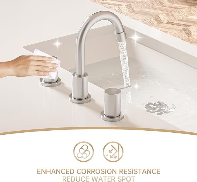 Phiestina 3 Hole 8 Inch 2 Handle Widespread Bathroom Faucet with Metal Pop-Up Drain, Brushed Nickel, WF015-1-BN