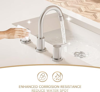 Phiestina 3 Hole 8 Inch 2 Handle Widespread Bathroom Faucet with Metal Pop-Up Drain, Brushed Nickel, WF015-1-BN