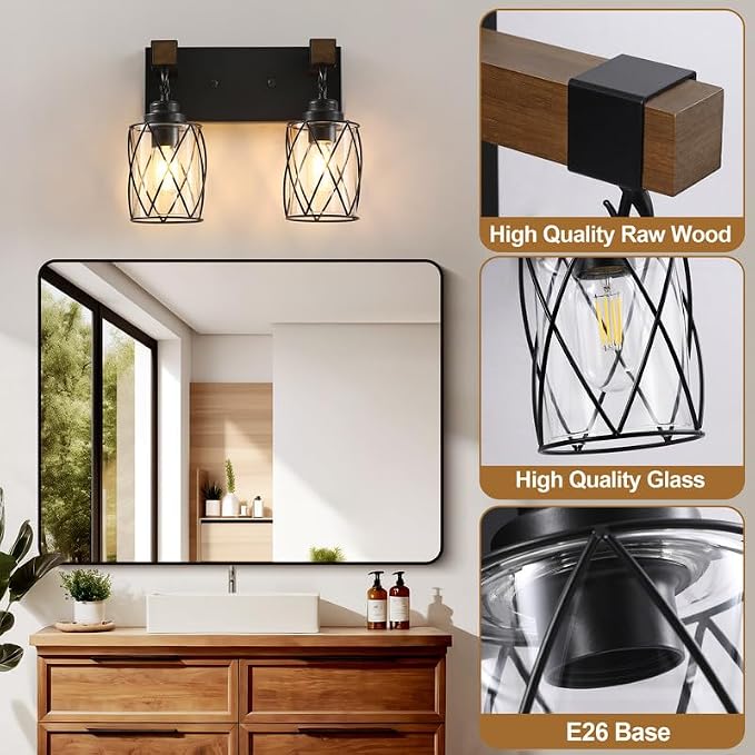 Bathroom Light Fixtures,Farmhouse Black Metal with Glass Shade | 2 Light Rustic Vanity Lights, Wood Accent Wire Cage Design, Mounts Over Mirror, Ideal for Bedroom & Hallway,Easy to Install