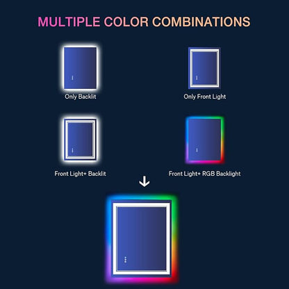28x36 Inch RGB LED Bathroom Mirror with Lights | Front and RGB Backlit, Dimmable, Memory, Anti Fog, Shatterproof, Horizontal/Vertical, Lighted Mirrors for Bathroom Wall