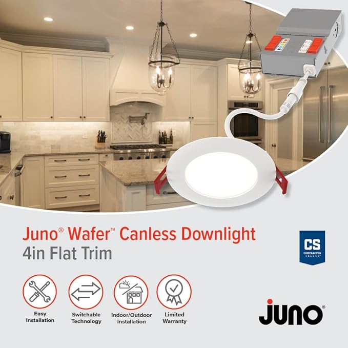 Juno LED Recessed Lights 4 Inch Round Baffle Wafer Downlight, 5-in-1 Switchable White Color Temperature, Adjustable Brightness, 120 Volts, 4-Inch Flat Trim, 1 Pack, Matte White