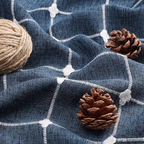 Boho Farmhouse Classic Plaid Linen Tassel Shower Curtain Navy Blue,72x72