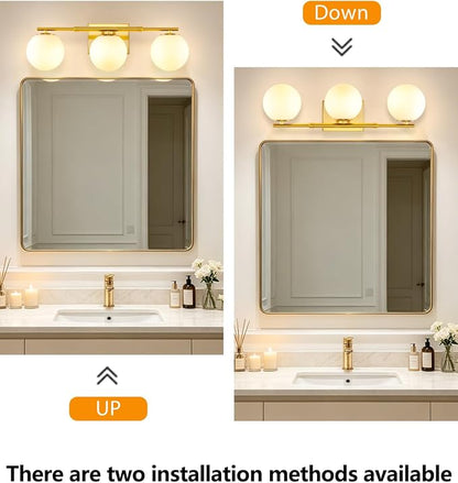 Bathroom Vanity Light Brushed Brass 3T Wall Sconce for Mirror | Modern fixture Globe Glass Shade brightness, elivers even brightness. Sturdy metal resists rust. Dresser Bathroom over Mirror