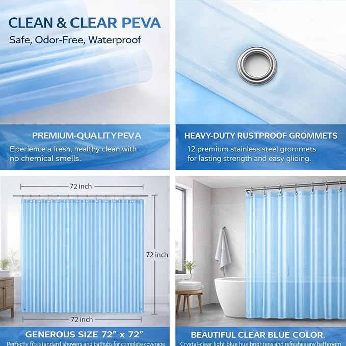 EHZNZIE Clear Blue Shower Curtain Liner 72x72, PEVA Waterproof Bath Curtain, No Chemical Smell, 3 Weighted Magnets, Durable with Rustproof Metal Grommets