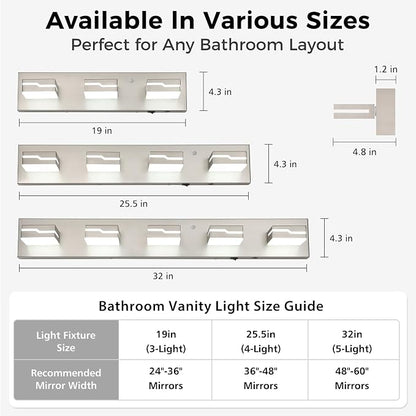 LED Modern Bathroom Vanity Light Fixtures 3-Light, 19 inch 3CCT Dimmable Nickel Motion Sensor Vanity Lights for Bathroom Lighting Fixtures Over Mirror, with 350° Rotatable Acrylic Heads