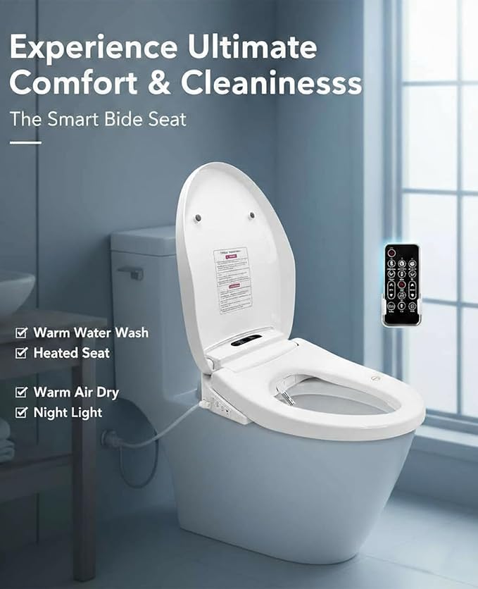 Electric Bidet Toilet Seat Elongated, Slow Close Seat, Warm Air Dryer, Remote Control, LED Light, Smart Heated Bidet Seat, Temp Adjustable Toilet Lid