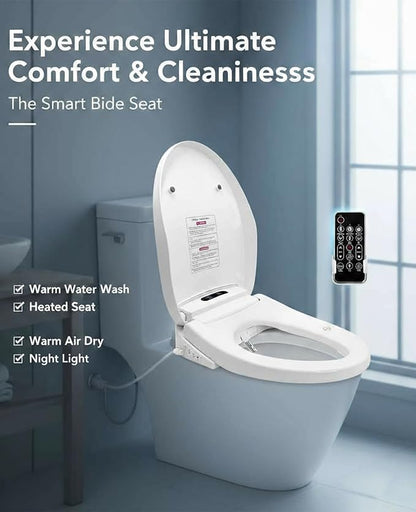 Electric Bidet Toilet Seat Elongated, Slow Close Seat, Warm Air Dryer, Remote Control, LED Light, Smart Heated Bidet Seat, Temp Adjustable Toilet Lid