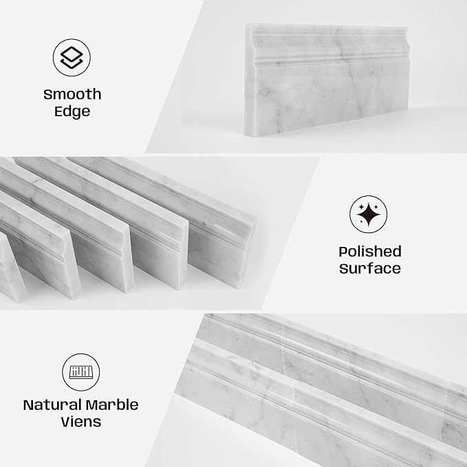 Carrara White Marble Baseboard Trim Molding, Polished, 4 Pcs | 5"x12"Marble Wall Skirting Base Trim Moulding for Shower Bathroom Kitchen Backsplash, Protects Wall, Easy to Install, Durable