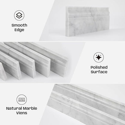 Carrara White Marble Baseboard Trim Molding, Polished, 4 Pcs | 5"x12"Marble Wall Skirting Base Trim Moulding for Shower Bathroom Kitchen Backsplash, Protects Wall, Easy to Install, Durable